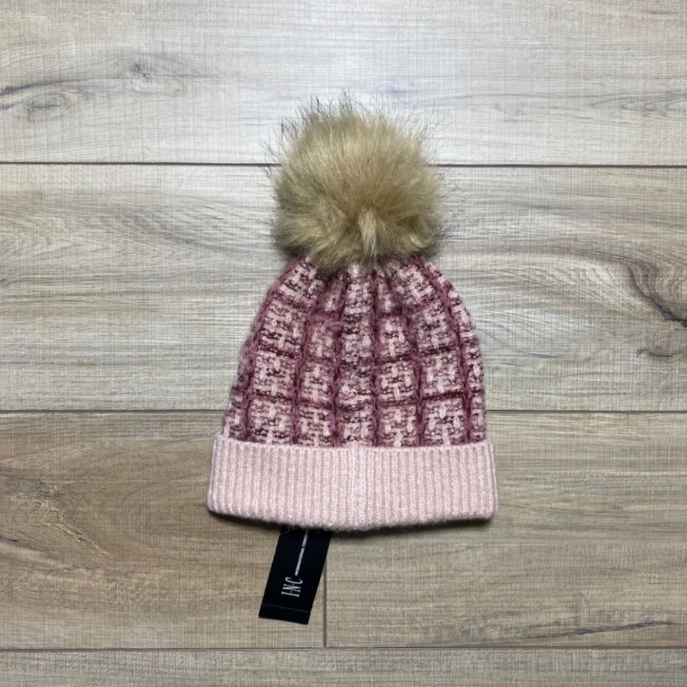 INC International Concepts Pink Plaid-Like Knit Hat (TAGS REMOVED BUT NOT WORN!)